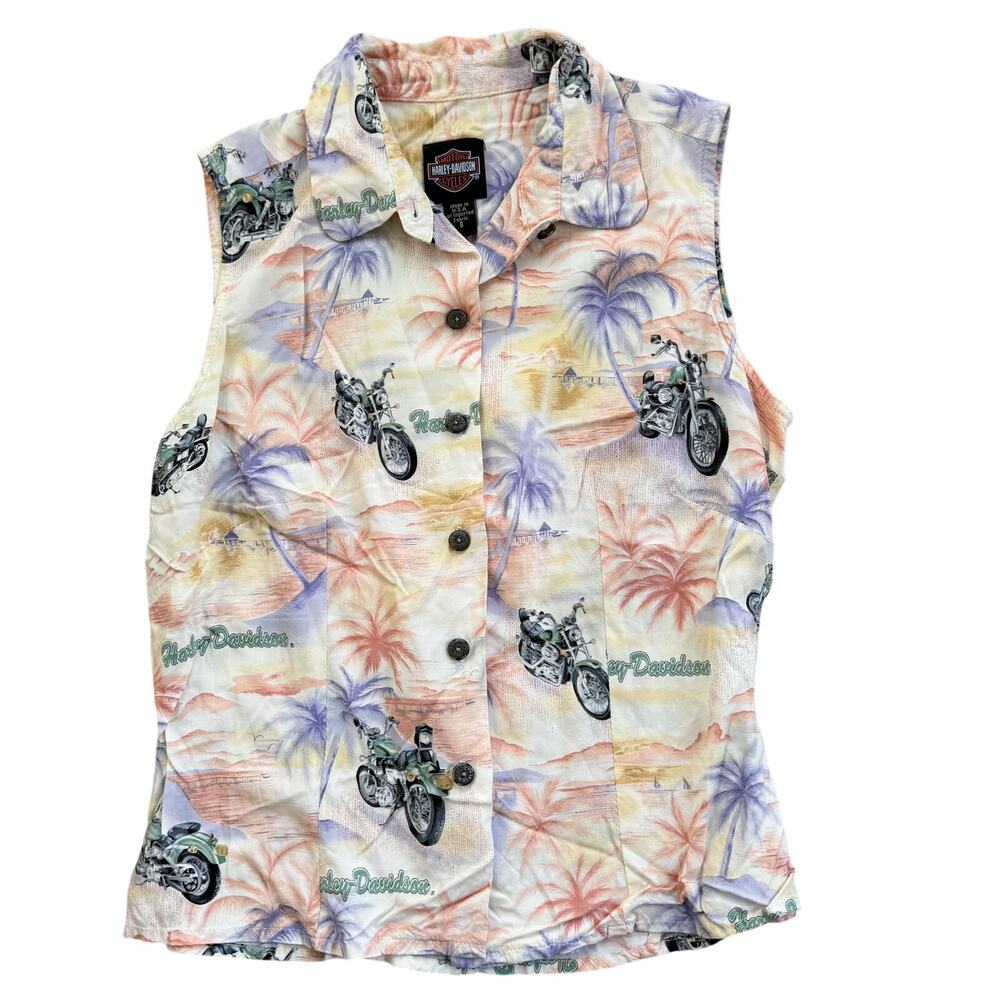 Vtg 1990s Harley Davidson Hawaiian Shirt Tank Top Button Down Size Small